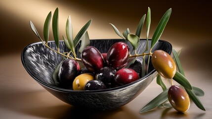 Delicious ripe olives in a bowl. Based on Generative AI