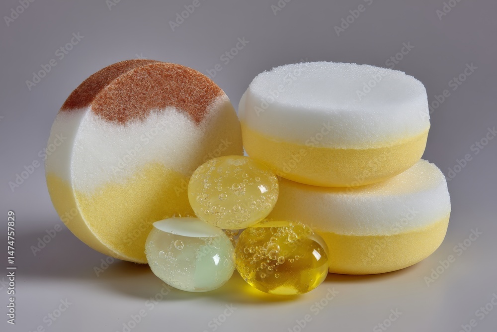 Poster colorful sponges and gel beads on gray background displayed in a creative arrangement showcasing uni