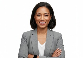 Portrait of a smiling woman in a gray blazer with arms crossed against a white background studio shot