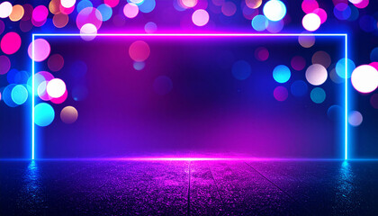 the image depicts a rectangular light surrounded by blurry circles of light. the light has an iridescent neon quality and the rectangles surround a darkened area