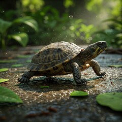 Fototapeta premium Macro Turtle Walking on Stone – World Turtle Day | World Sea Turtle Day | Sea Turtle | Save Turtle | 4K HD High Quality Turtle Laptop Desktop 16:9 Wallpaper Background