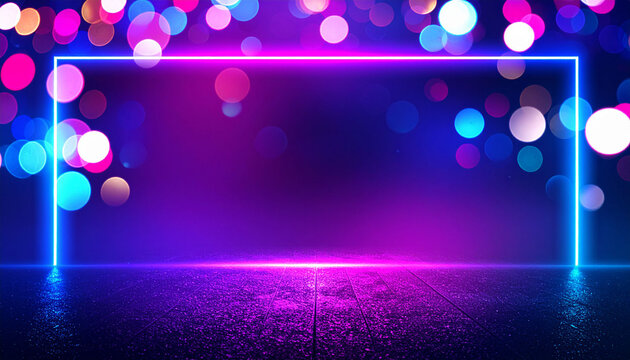 the image depicts a rectangular light surrounded by blurry circles of light. the light has an iridescent neon quality and the rectangles surround a darkened area