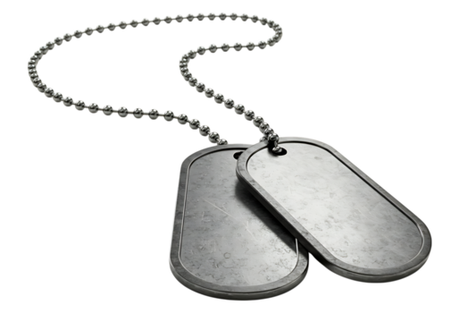 Military dog tags close up shot on white background on transparent background