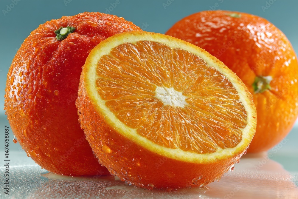 Poster Freshly cut oranges with droplets resting on their surface in a vibrant display of color and texture