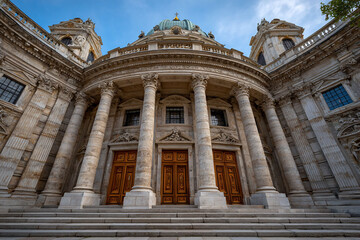 Fototapeta premium Ornate building facade with pillars and a dome, viewed from below