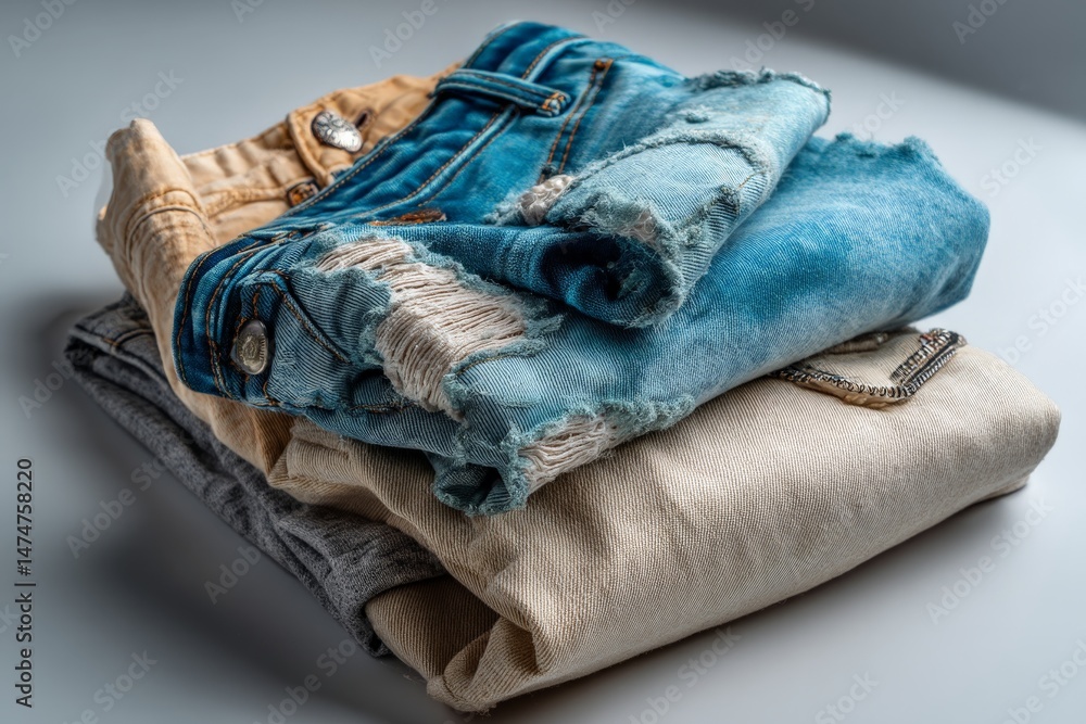 Poster stacked denim and cotton jeans in various styles and colors displayed on a plain surface