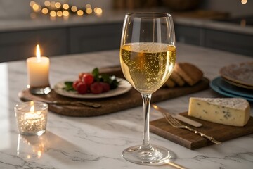 Romantic White Wine Glass on Marble with Candlelight and Cheese Platter