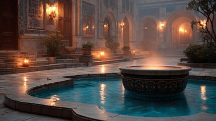 Ornate courtyard with a blue fountain and warm lighting