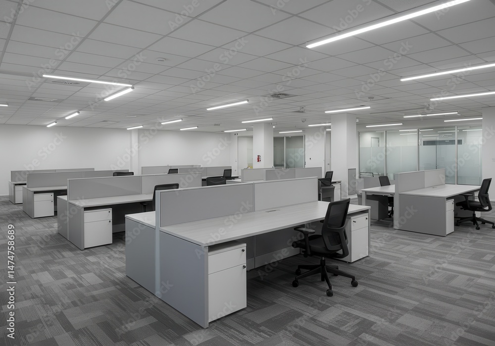 Poster a view of an open office space with multiple cubicles and chairs under bright overhead lighting syst