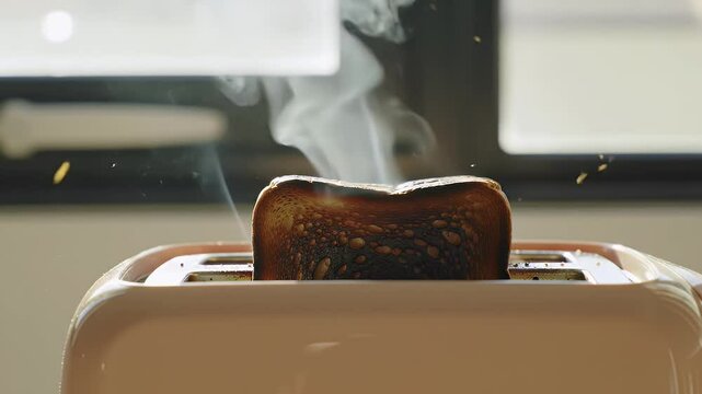 Burnt Toast Smoking in Toaster Close Up Kitchen Incident