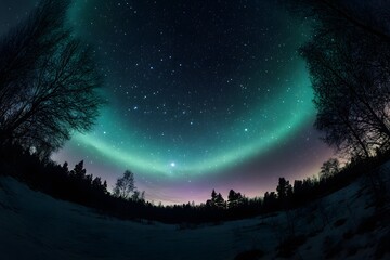 Fototapeta premium Aurora Borealis Dancing Across Starry Night Sky in Winter Forest