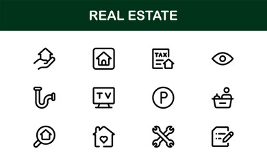 Property and Real Estate Premium Icons. Professional, Modern Residential, Commercial, and Architecture Symbol Set for Real Estate Marketing and Branding line style