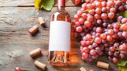  A sophisticated wine label mockup elegantly displayed on a rustic wooden table, surrounded by fresh, juicy grapes and corks scattered around, creating a cozy atmosphere for wine lovers. 