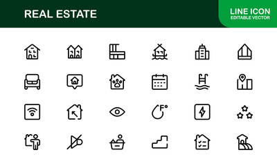 Property and Real Estate Premium Icons. Professional, Modern Residential, Commercial, and Architecture Symbol Set for Real Estate Marketing and Branding line style