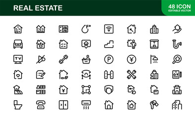 Property and Real Estate Premium Icons. Professional, Modern Residential, Commercial, and Architecture Symbol Set for Real Estate Marketing and Branding line style