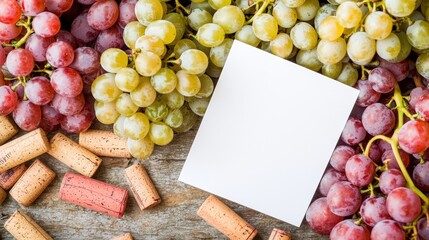 A close-up shot of a refined wine label mockup resting on a textured rustic table, framed by a bounty of luscious grapes and an assortment of used corks, emphasizing the artisanal nature of the