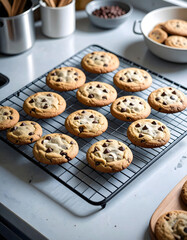 Golden Cookie Delight: A delightful display of freshly baked chocolate chip cookies, cooled on a wire rack. A culinary symphony of textures and flavors.