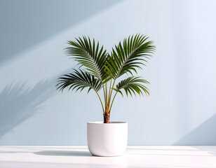 Kentia Palm in Pot: A vibrant Kentia Palm thrives in a sleek white pot, bathed in soft, natural light against a tranquil blue wall. Its lush, green fronds add a touch of serenity to any indoor space.