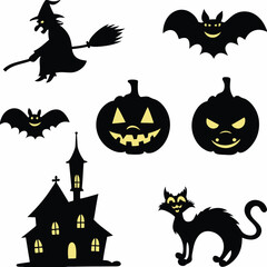 Halloween Ghost Holding Candles Free Vector,  a witch flying on a broomstick, haunted houses with glowing windows and crooked roofs, smiling and fanged ghosts,  