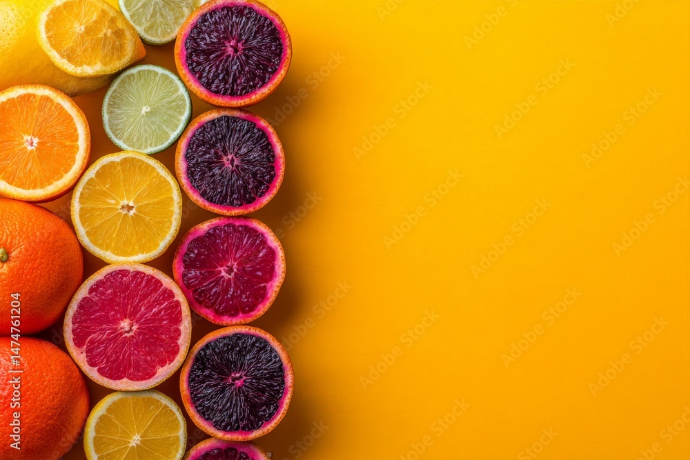 Poster bright citrus fruits displayed on a vibrant yellow background showcasing various slices, perfect for