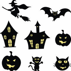 Halloween Ghost Holding Candles Free Vector,  a witch flying on a broomstick, haunted houses with glowing windows and crooked roofs, smiling and fanged ghosts,  
