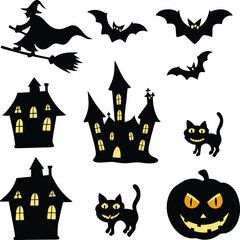 Halloween Ghost Holding Candles Free Vector,  a witch flying on a broomstick, haunted houses with glowing windows and crooked roofs, smiling and fanged ghosts,  