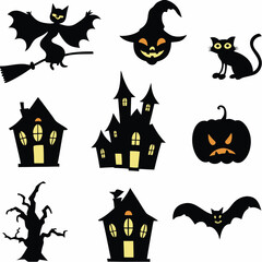 Halloween Ghost Holding Candles Free Vector,  a witch flying on a broomstick, haunted houses with glowing windows and crooked roofs, smiling and fanged ghosts,  