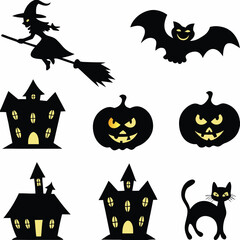 Halloween Ghost Holding Candles Free Vector,  a witch flying on a broomstick, haunted houses with glowing windows and crooked roofs, smiling and fanged ghosts,  