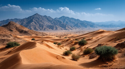 Naklejka premium Serene desert landscape featuring golden sand dunes and rugged mountain backdrop