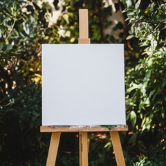 Blank Canvas on Easel Against Green Foliage