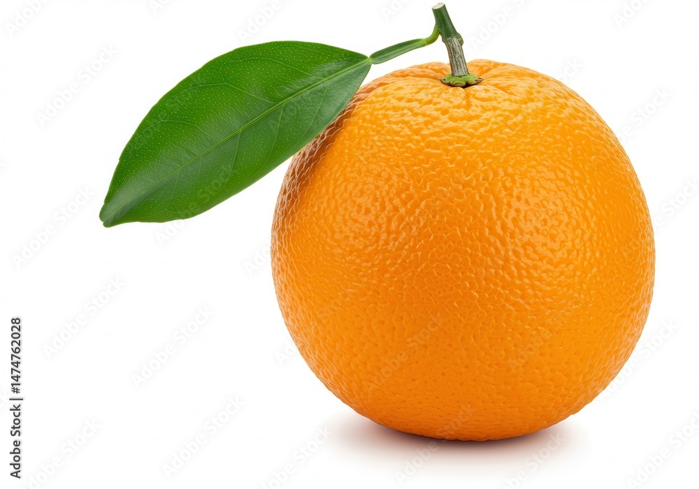 Poster close up of a single orange with a green leaf attached on a white background studio shot image view