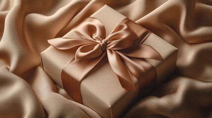 Elegant Brown Gift Box with Satin Ribbon & Bow on Fabric Texture: Premium High-Resolution Photography for Luxury Packaging, Holiday Promotions, Wedding Gift Visuals, or Branding Design Projects.