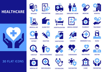 Collection of 30 Flat Style Blue Colored Vector Icons for HealthCare Business