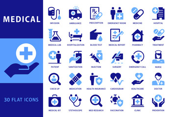 Collection of 30 Flat Style Blue Colored Vector Icons for Medical Business