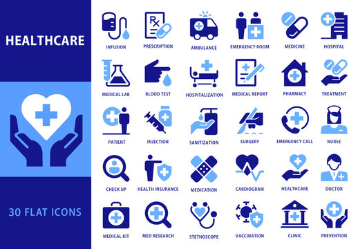 Collection of 30 Flat Style Blue Colored Vector Icons for HealthCare Business