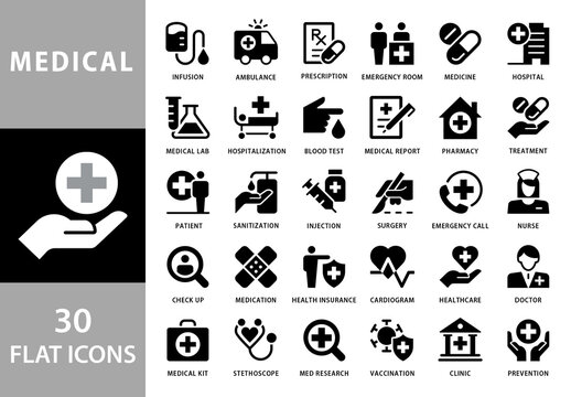 Collection of 30 Flat Style Black and White Vector Icons for Medical Business
