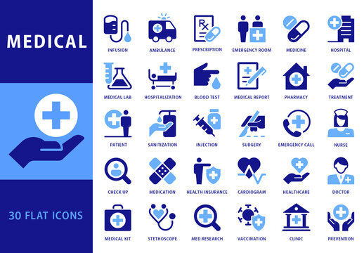 Collection of 30 Flat Style Blue Colored Vector Icons for Medical Business