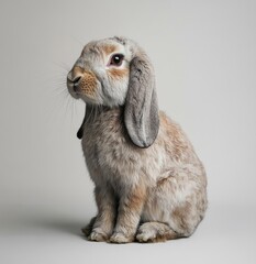 Adorable lop-eared rabbit, light brown and gray fur, seated against a plain backdrop.  Detailed view of rabbit's features, including large ears,  soft fur, and alert expression