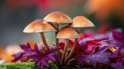 Small group of fungi surrounded by red and purple foliage on mossy terrain