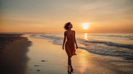 Fototapeta premium One happy beautiful woman walking on the sand of the beach enjoying and having fun at the sunset