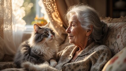 Elderly woman sharing affection with cat in cozy living room  