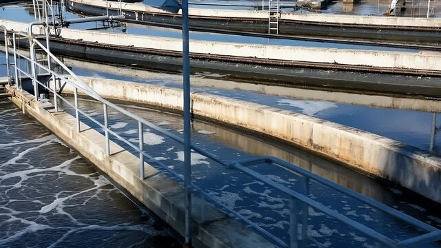 Circular Blue Wastewater Treatment Plant Tank Infrastructure Aerial View