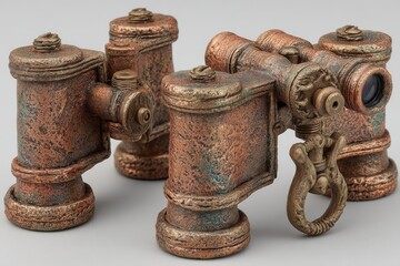 Fototapeta premium Vintage binoculars with ornate details and a patina finish displayed on a neutral background