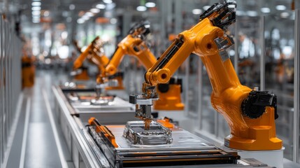 Orange Robotic arm manufacturing Electric vehicle battery at a giga factory
