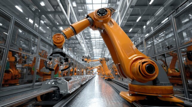 Orange Robotic arm manufacturing Electric vehicle battery at a giga factory
