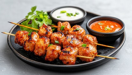 Fototapeta premium Grilled Chicken Skewers with Dipping Sauces