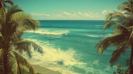 Vintage Tropical Beach Panorama Illustration: Elevated View of Coconut Palms and Turquoise Waters with Retro Color Palette, Hand-Drawn Textures for Travel Posters, Coastal Decor, and Resort Branding D