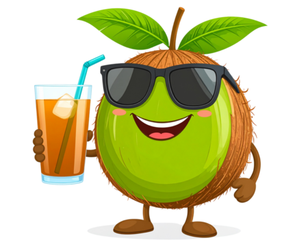 A smiling coconut character with sunglasses, holding an iced tea, against isolated on a transparent background