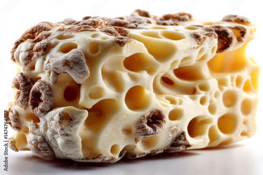 Poster unique textured cheese showcasing distinct holes and a rich cream color on a clean background