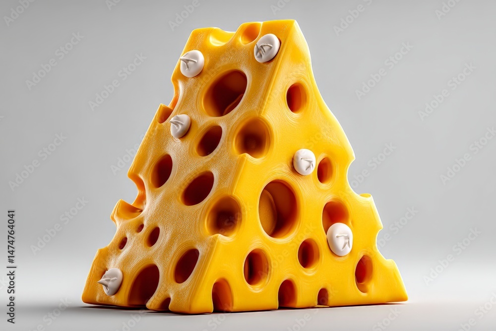 Poster cheese sculpture with holes showcasing vibrant color and unique design in a minimalist style